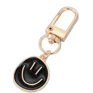 BAG CHARM Black Smiley Face Gold Tone Keychain Zipper Pull NIP